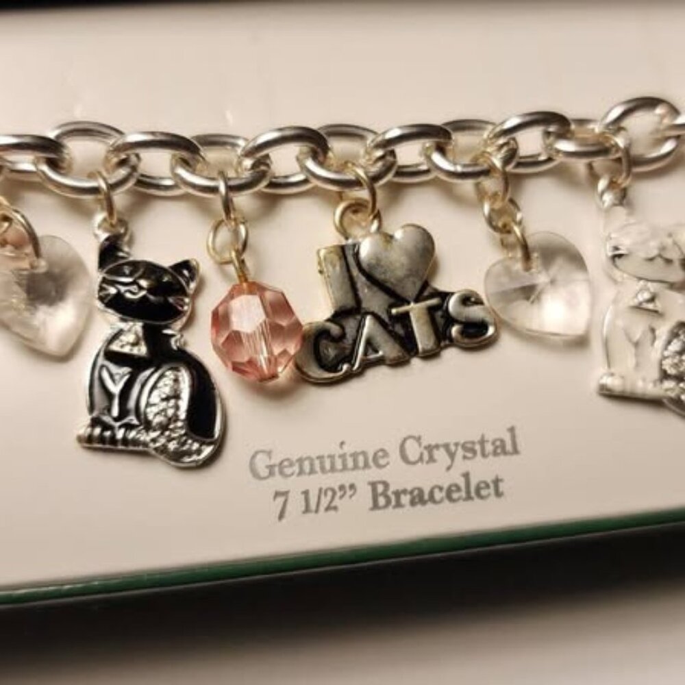7.5" Genuine Crystal & Silver Charm Bracelet for Cat Lovers NIB